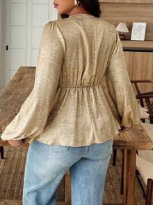 Weeklong Plus Size Women Lace & Foil Decor Tie Waist V-Neck Long Sleeve Blouse, Suitable For Daily, Party, Event - Gold - View 2