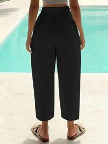 Selamara Women's Solid Color High Waist Pleated Loose Straight Leg Cropped Pants - Black - View 2