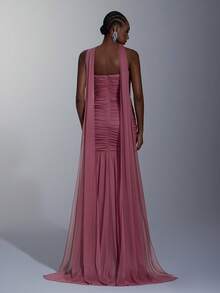 Elitara Elegant Light Purple Shiny Flowing Mesh Ruched Decor High Waist Slimming Mermaid Tail Backless Adjustable Tie Dress (Halter Flounce, Versatile) Formal Evening Gown - Dusty Purple - View 4