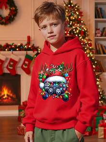 Tween Boy Casual Classic Christmas, Stylish Game Controller, Santa Hat, Christmas Tree, Snowflake, Reindeer Game Print Cartoon Pattern Thick Sweatshirt, Suitable For Autumn/Winter - Red - View 1