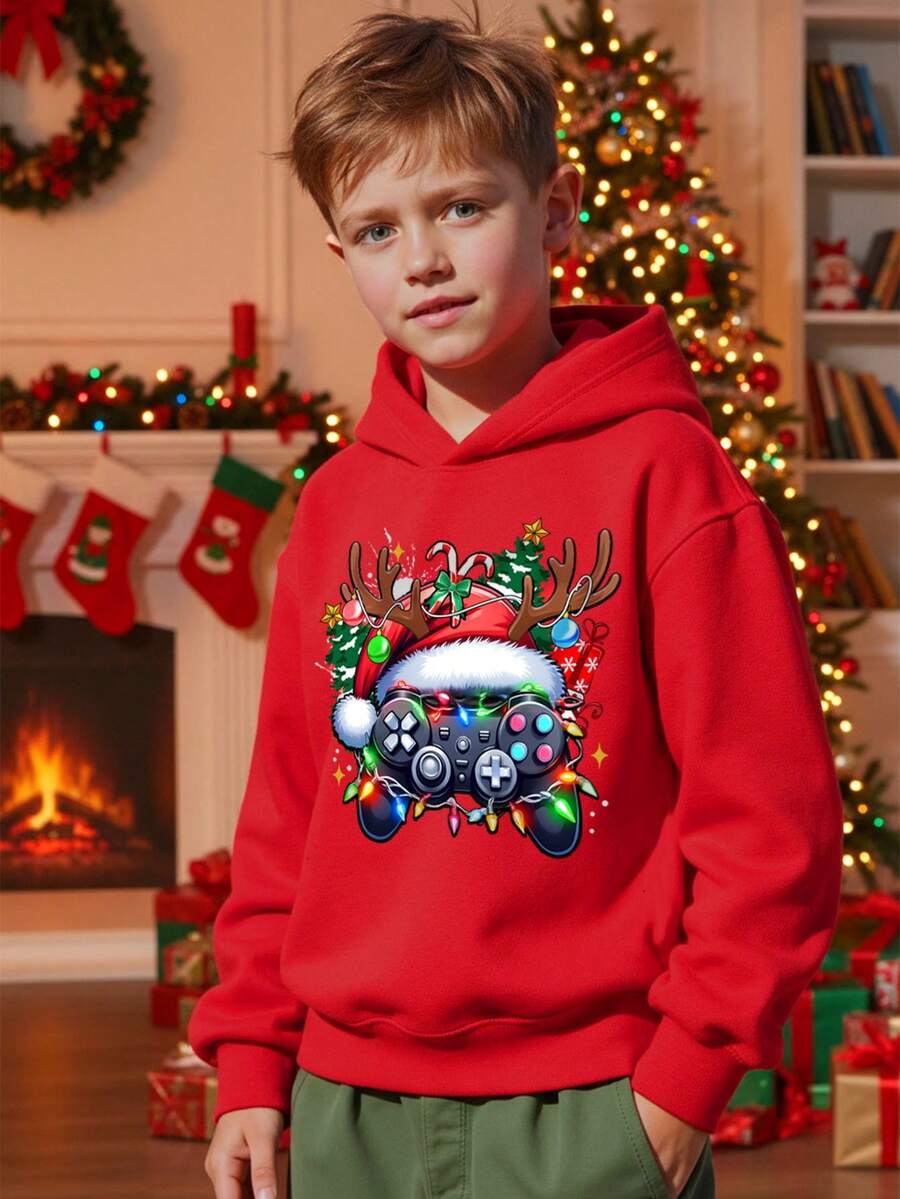 Tween Boy Casual Classic Christmas, Stylish Game Controller, Santa Hat, Christmas Tree, Snowflake, Reindeer Game Print Cartoon Pattern Thick Sweatshirt, Suitable For Autumn/Winter - Red - View 1