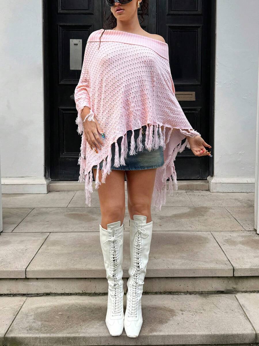 Jeanoix Áo choàng dệt kim khoét một bên vai Jeanoir, Áo dệt kim thường ngày cho nữ - Hồng - Xem 1