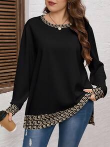 EMERY ROSE Christmas Casual Versatile Retro Geometric All-Over Print Loose Fit Crew Neck Sweatshirt For Plus Size Women, Suitable For Autumn/Winter - Multicolor - View 1