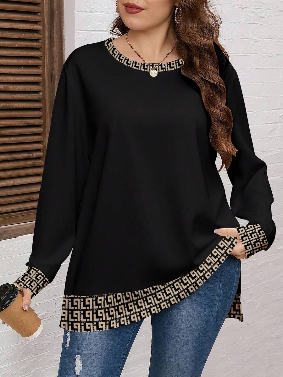 EMERY ROSE Christmas Casual Versatile Retro Geometric All-Over Print Loose Fit Crew Neck Sweatshirt For Plus Size Women, Suitable For Autumn/Winter - Multicolor - View 1