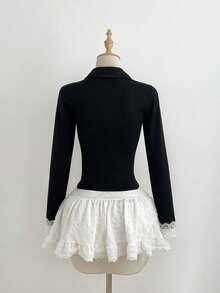 Elamini Lace Patchwork Button Fitted Women's Elegant Long T-Shirt - Black - View 2