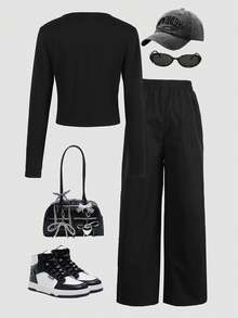 Sparklyn 2pcs/Set Teen GirlButterfly Print T-Shirt With Butterfly Detail Side Pants - Black - View 2