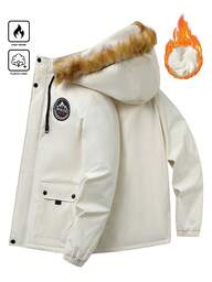 Manfinity EZcore Casaco masculino casual com capuz, mangas compridas, acolchoado, bolsos com aba e acabamento em pele sintética, ideal para outono/inverno.