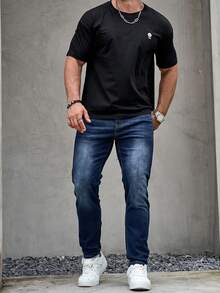 Manfinity Homme Men Plus Bleach Wash Straight Leg Jeans, Plain Dark Blue Slim Fit Long Dark Wash Jeans Washed Cargo Jeans, For Husband, Boyfriend Gifts Going Out Hang Out Commute Street Work - Medium Wash - View 3