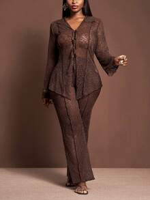 Veslaya Party Exclusive 2025 New Women's Plus Size Sexy/Party/Club/Nightclub Lace Sheer Bodycon Brown Khaki Lapel Tie-Up Flare Sleeve Cardigan With Elastic Waist Wide Leg Long Pants 2-Piece Set CaramelCore Brown Two Piece Set Women Blouse And Pants Set Elegant 2 Piece Set Pant Suit Set - Coffee Brown - View 5