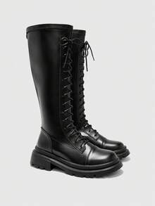 CUCCOO BIZCHIC ​​Lace-Up Knee-High Boots | Glossy Leather Finish | Adjustable Lacing System | Chunky Anti-Slip Sole | Urban Street Style Boots | 2 Pairs, Premium Faux Leather​​ - Black - View 6