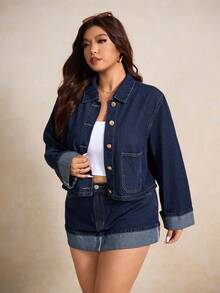 Elaquor Plus Size Women 2 Pieces Set: Long Sleeve Single-Breasted Jacket And Denim Midi Skirt, Casual Mom Navy Blue Autumn - Dark Wash - View 8
