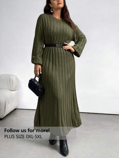 Firerie Plus Size Women Crew Neck Long Knitted Sweater Dress, Thermal Comfort Layer Or Casual Outerwear, Versatile For Commute And Daily Wear, Autumn/Winter, Apricot Fall