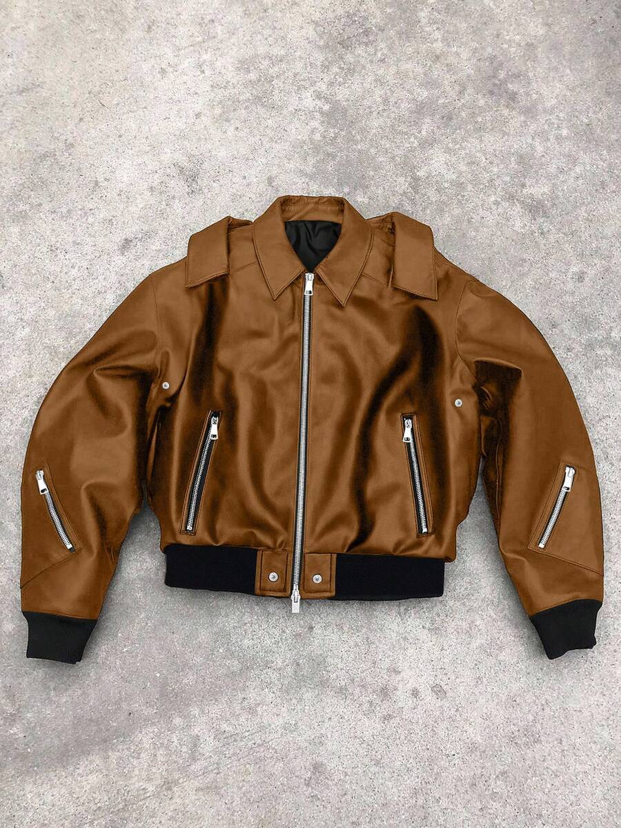 Manfinity EMRG Men's Long Sleeve Jacket Leather Street Style Ins Versatile Retro American Casual Jacket, Zipper Design Couple Matching, Autumn/Winter Leather Jacket - Brown - View 1