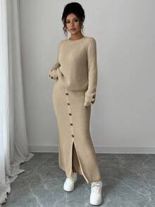 Elenzga 女士纽扣装饰圆领长袖毛衣和裙子套装 - 杏色 - 查看 3