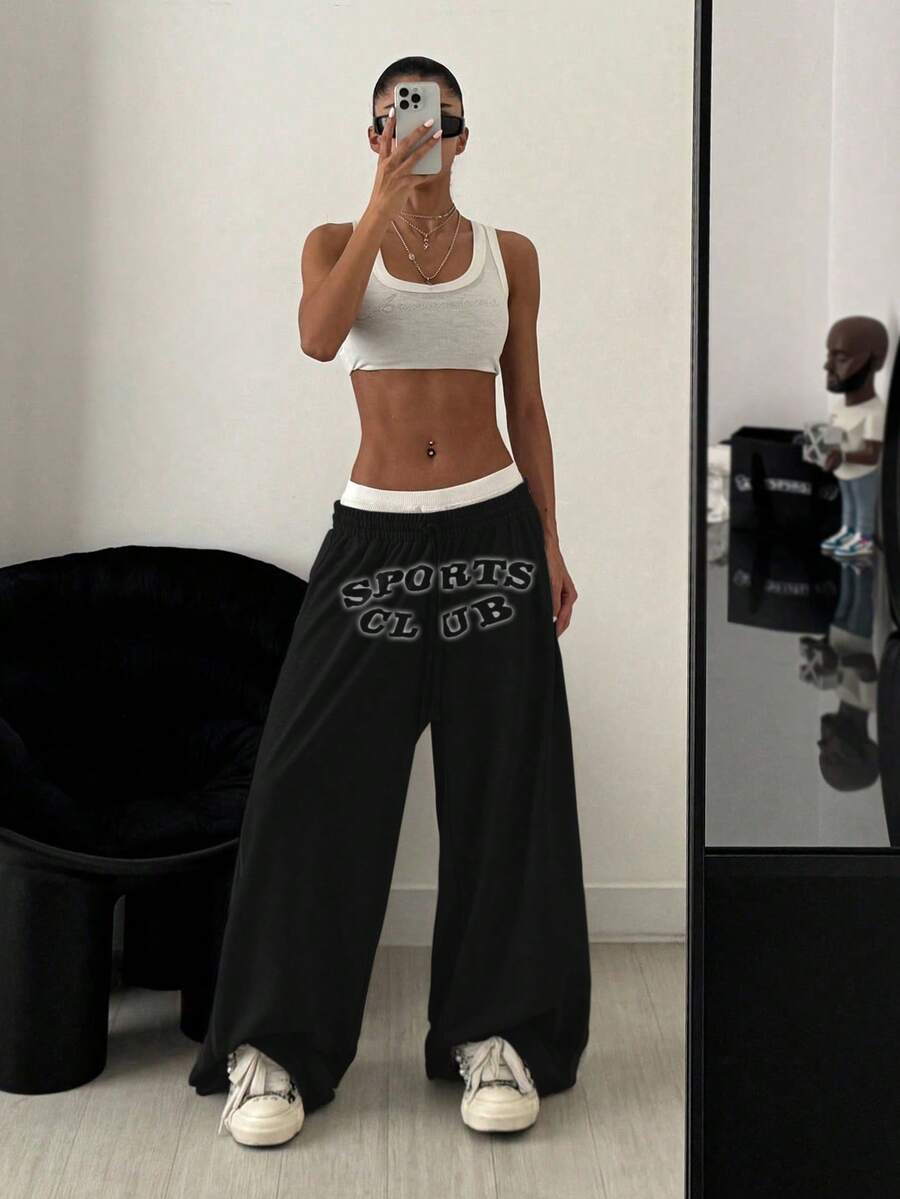 StreetHx 女士休闲宽松英伦印花阔腿运动裤 - 黑色 - 查看 1