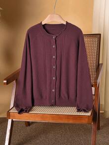 Rusticease Cárdigan casual de mujer de unicolor con botones y manga larga para Navidad e invierno - Marrón Chocolate - Ver 3