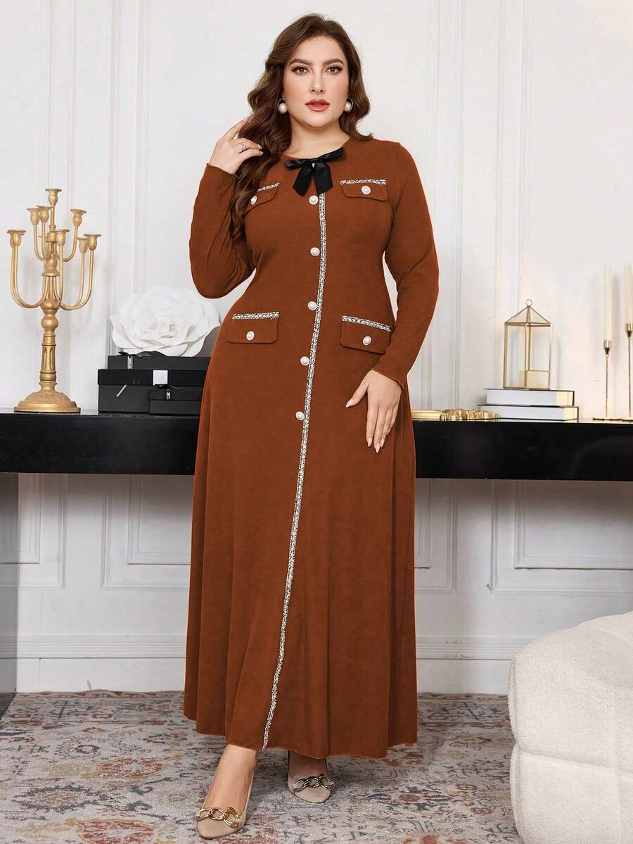 Modelyn 加大码罗纹蝴蝶结装饰 A 字长袖休闲连衣裙适合春秋季长款女士装长款晚礼服 - 鏽棕色 - 查看 1