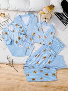 2pcs Young Boy Casual Striped Bear Print Long Sleeve Top And Pants Pajama Set - Blue - View 1