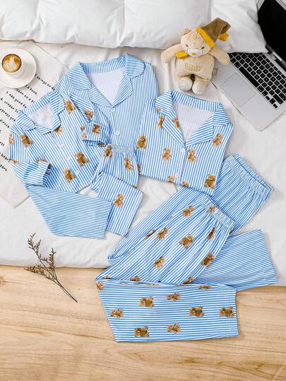 2pcs Young Boy Casual Striped Bear Print Long Sleeve Top And Pants Pajama Set