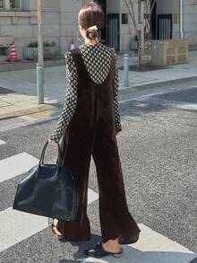 FRIFUL 女士天鹅绒宽松阔腿裤，休闲都市风格连体裤，秋季