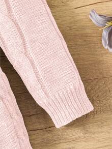 SHEIN Genkimix Kids 秋冬女童复古粗针织圆领腰部 A 字蝴蝶装饰长袖毛衣裙，适合户外休闲穿着 - 粉色 - 查看 3