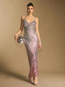 Poéselle 女式纯色亮片金属海星装饰修身优雅吊带背心连衣裙 - 粉色 - 查看 1