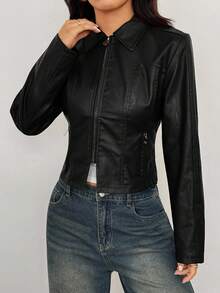 SHEIN PETITE Women's Valentine Double Zipper Leather Jacket In Fall/Winter - Black - View 5