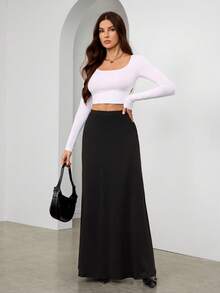 SHEIN Tall 女式松紧腰纯色简约时尚长款 A 字裙，女士休闲不对称长款常规版型自然黑色纯色女裙，春秋季，休闲日常穿着