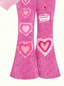 SHEIN 2 件套情人节心形图案少女休闲宽松圆领长袖运动衫和喇叭裤套装 - 彩色 - 查看 6