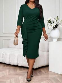 SHEIN Lady Elegant Dark Green Autumn Curve Cocktail Pencil Dress,Women's Knitted V-Neck Ruffle Tight Plus Size Wedding Guest,Christmas Party Graduation Dresses - Dark Green - View 3