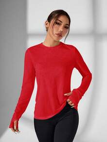Easithlete Easithlete 女士纯色简约长袖休闲运动T恤 红色健身上衣 长袖健身上衣 女式长袖运动衫 露背健身上衣 女式健身上衣 - 紅色 - 查看 7