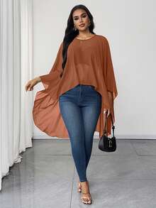 Maweii Áo cánh cổ tròn màu trơn thanh lịch cỡ lớn viền bất đối xứng - Rỉ Nâu - Xem 6