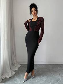 Modelyn Women's Splice Foil Striped Long Sleeve 2 In 1 Fitted Elegant Luxurious Dress - Red - View 6