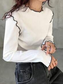 FRIFUL Women's Casual Everyday Commute Ribbed Contrast Lettuce Trim Long Sleeve T-Shirt, Spring/Autumn - White - View 2