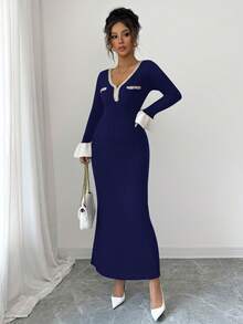 Elenzga Vestido de punto midi con cuello en V y volantes elegante, adecuado para ir al trabajo - Azul Marino - Ver 4
