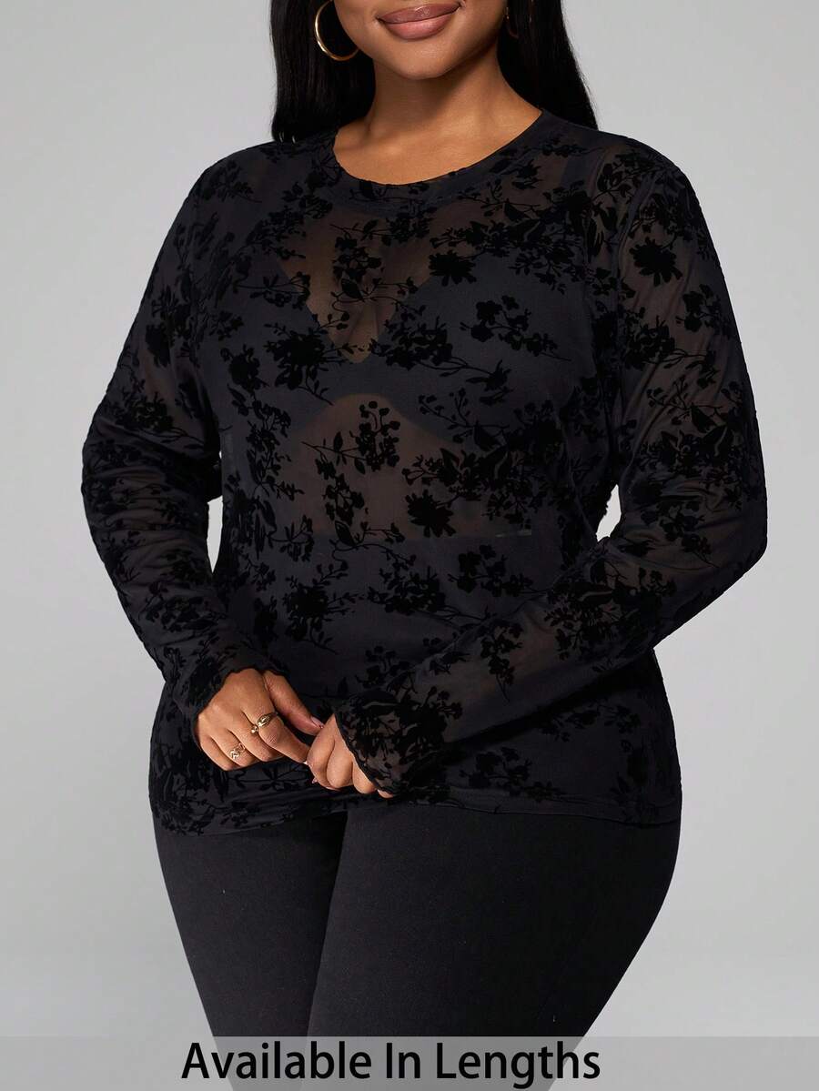 SHEIN PETITE CURVE 大码女式圆领长袖休闲上衣 - 黑色 - 查看 1