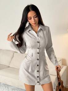 SHEIN PETITE 前扣长袖休闲宽松通勤复古风格女式短裙纽扣连衣裙长袖连衣裙商务休闲连衣裙翻领连衣裙配腰带连衣裙，女士秋季连衣裙，女士优雅连衣裙 - 杏色 - 查看 5