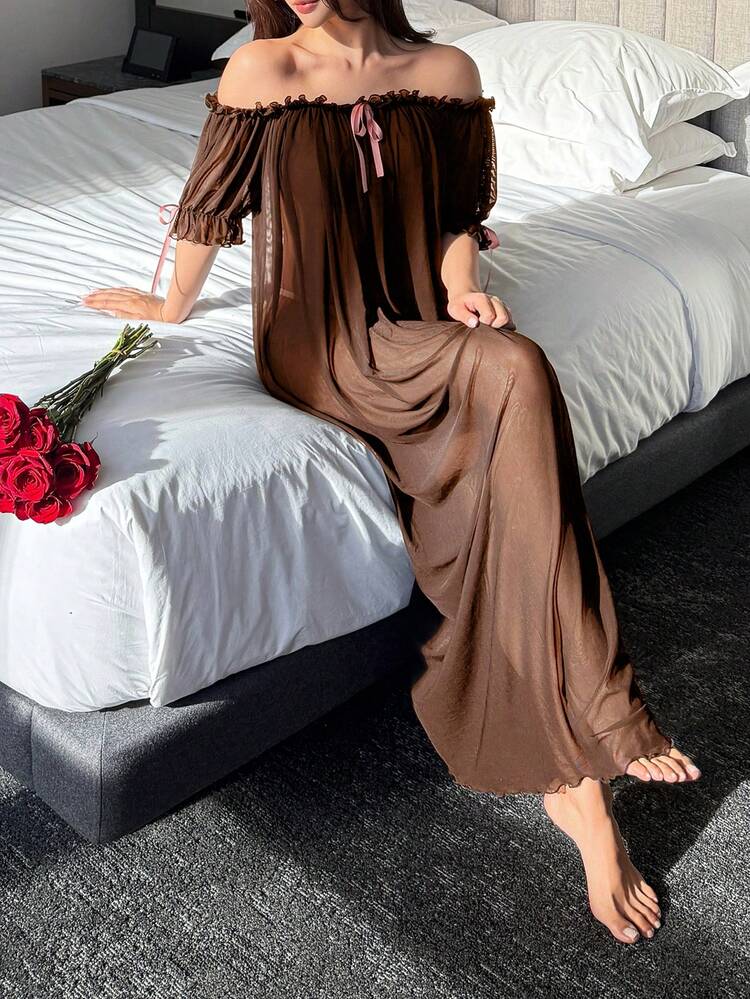 Charming Sheer Mesh Off-Shoulder Ruffle Hem Long Sexy Nightgown For Women