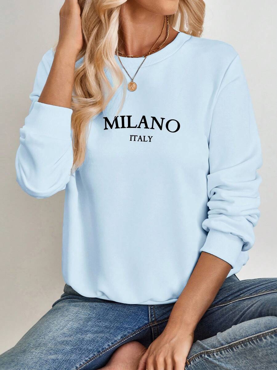 SHEIN EZwear 休闲简约米兰印花图案浅蓝色圆领宽松长袖女式卫衣,适合秋冬季穿着。 - 淺藍色 - 查看 1