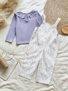 Vintaside Kids Baby Girls Two Pieces Set Features A Round-Neck Long-Sleeved Top And Overalls For Spring And Autumn. - Mauve Purple - View 2