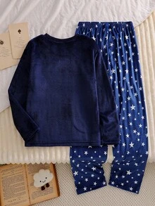 Genkimix Kids Winter  Girls Pajamas, Navy Blue & Dark Blue, New Arrival, Casual & Elegant Home Wear, Long Sleeve Top & Pants, Cloud & Smiling Face Embroidered, Starry Sky Pattern, Fleece Fabric, 2-Piece Set - Navy Blue - View 2