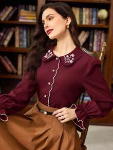 Vintamour Vintage Elegant Women's Floral Embroidery Contrast Trim Button Peter Pan Collar Casual Vacation Blouse Back To School Cute Tops Teacher Going Out Tops Women Fall School Babydoll Top Vacation Birthday Fall Winter Country Concert Western Wear Women Teacher Button Up Shirt Work Church,Red Tops For Women