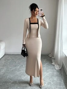 SHEIN Elenzya Bộ 2 chiếc áo khoác cardigan dài tay phối màu thanh lịch dành cho nữ và váy liền thân, thích hợp cho tiệc tùng, họp mặt gia đình, Giáng sinh, Halloween, ngày lễ tình nhân, năm mới, đi làm và mặc thường ngày, mùa thu/đông - Màu be - Xem 6