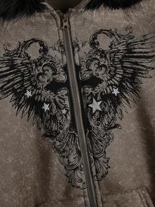 ROMWE Fairycore 女款 Kpop 秋冬百合花十字架水钻做旧拉链卫衣 - 棕色 - 查看 4