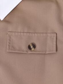 Teen Girl Autumn/Winter Waist Belt Splice Half-Button Lapel Jumpsuit, Casual Minimalist Elegant Daily Comfortable - Khaki - View 3