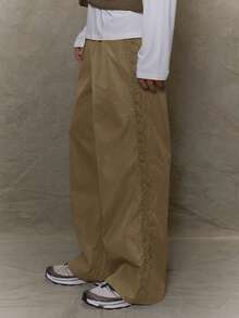 Musero Wide Leg Basic Plain Style Trouser Elasticated Waistband Buckle Style Belt SPRING SUMMER - Khaki - View 3