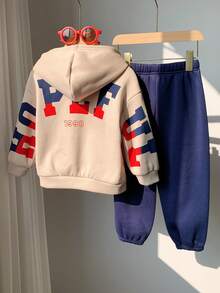2件套男童可爱字母图案休闲连帽卫衣和运动裤套装，秋冬季 - 彩色 - 查看 7