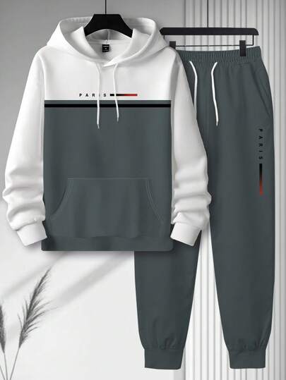 Manfinity Homme مجموعة هوديي رجالي مطبوع عليها حرف وباريس بتباين رمادي وأبيض، ملابس خريفية مقاسات كبيرة
