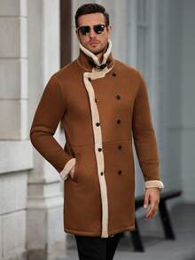 Manfinity Homme Áo khoác giữ nhiệt tay dài lót lông màu trơn cho nam, Thu Đông, Đi chơi thường ngày, Quà tặng cho bạn bè, chồng, bạn trai, Vải nhung kẻ - màu nâu - Xem 6