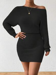 Elenzga Autumn/Winter New Solid Color Cinched Waist Bodycon Knit Dress - Black - View 5